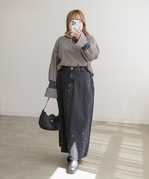 CLETTE（クレット）の「リブ切替ボーダープルオーバー（Tシャツ/カットソー・レディース・アイボリー/チャコール・LL/3L/4L）」の22枚目の写真