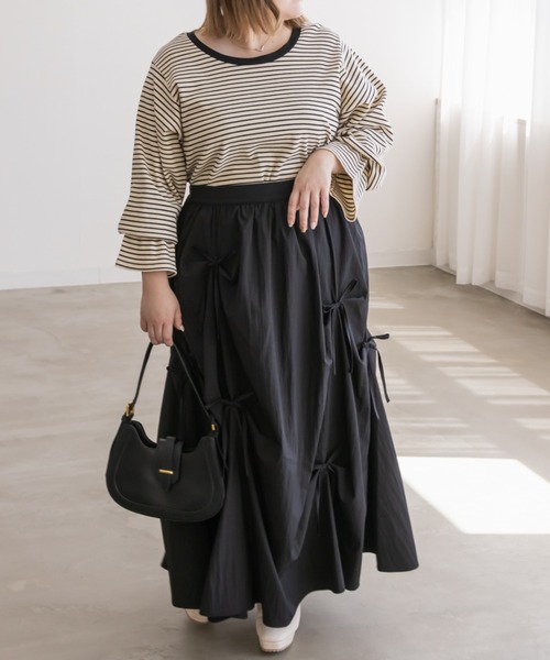 CLETTE（クレット）の「リブ切替ボーダープルオーバー（Tシャツ/カットソー・レディース・アイボリー/チャコール・LL/3L/4L）」の8枚目の写真