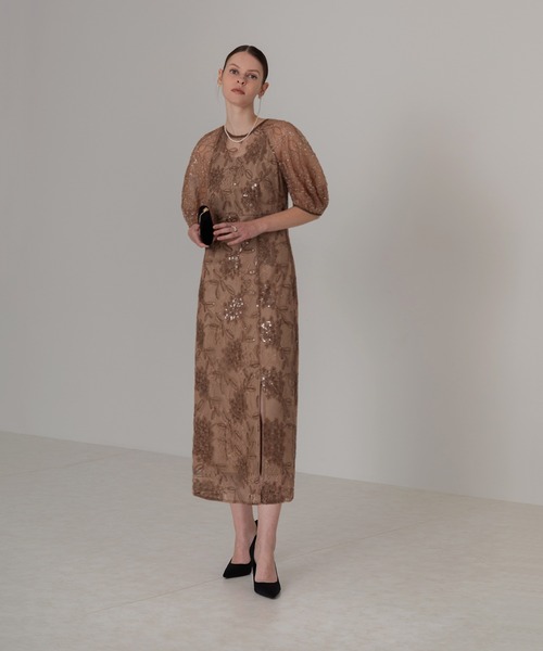 期間限定のお買い得商品 セール】【LEJA】スパンコール花柄レース刺繍スリットIライン スーツ・フォーマル・ドレス