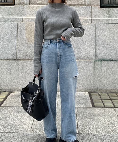 ISOOK（アイスー）の「ハート刺繍メロウリブニット（chiica original）/ メロー 刺繍ロゴ セーター タートルネック ハイネック 長袖 指穴 サムホール（ニット/セーター・レディース・グレー/カーキ・FREE）」の7枚目の写真