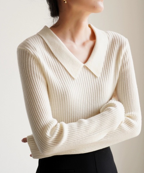 deux amour（ドゥーザムール）の「えり付きリブニットトップス（ニット/セーター・レディース・ブラック/アイボリー・FREE）」の4枚目の写真