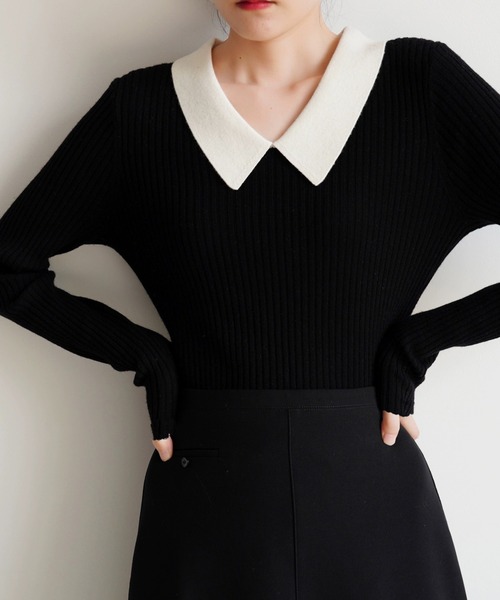 deux amour（ドゥーザムール）の「えり付きリブニットトップス（ニット/セーター・レディース・ブラック/アイボリー・FREE）」の6枚目の写真