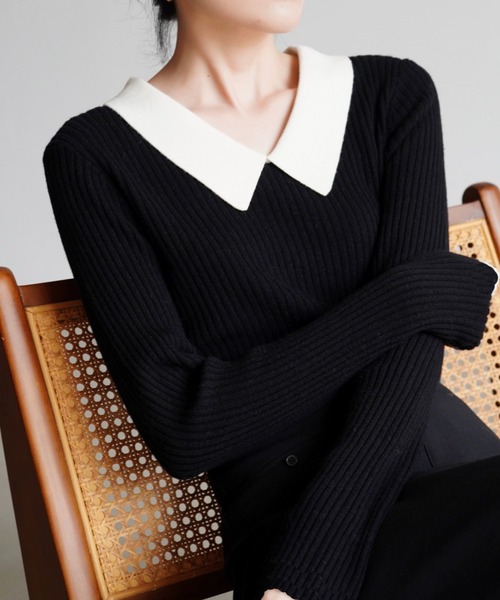 deux amour（ドゥーザムール）の「えり付きリブニットトップス（ニット/セーター・レディース・ブラック/アイボリー・FREE）」の7枚目の写真
