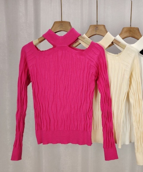 SPIGA（スピーガ）の「肩開きﾁｮｰｶｰｸﾛｯﾌﾟﾄﾞ丈ﾘﾌﾞﾆｯﾄ（ニット/セーター・レディース・ホワイト/アイボリー/ブラック/ピンク・FREE）」の7枚目の写真