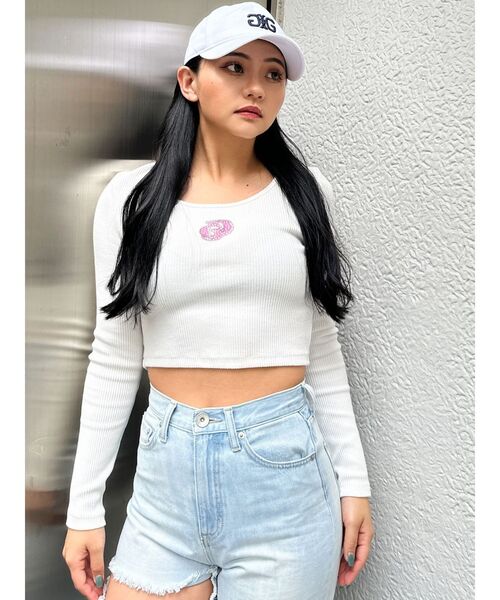 GYDA（ジェイダ）の「GDロゴラインストーンテレコトップス（Tシャツ/カットソー・レディース・ブラック/オフホワイト・FREE）」の9枚目の写真