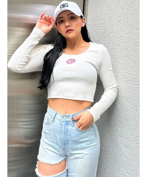 GYDA（ジェイダ）の「GDロゴラインストーンテレコトップス（Tシャツ/カットソー・レディース・ブラック/オフホワイト・FREE）」の8枚目の写真