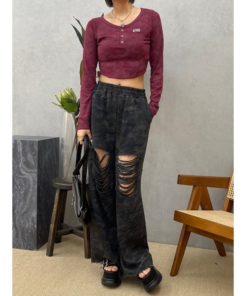 EVRIS（エヴリス）の「ハードダメージカモフラスウェットパンツ（スウェットパンツ・レディース・グレー/カーキ・FREE）」の15枚目の写真