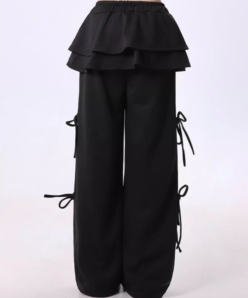 lilful（リルフル）の「サイドリボン ウエストフリル フェイクレイヤード ワイドスウェットパンツ（スウェットパンツ・レディース・グレー/アイボリー/ブラック/ブラウン/チャコール・F）」の12枚目の写真