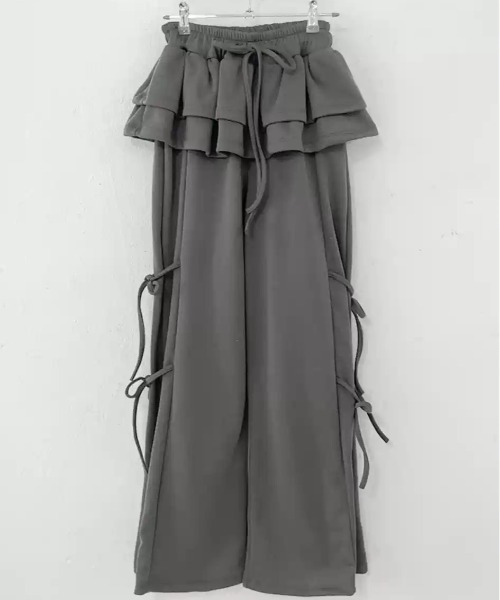 lilful（リルフル）の「サイドリボン ウエストフリル フェイクレイヤード ワイドスウェットパンツ（スウェットパンツ・レディース・グレー/アイボリー/ブラック/ブラウン/チャコール・F）」の13枚目の写真