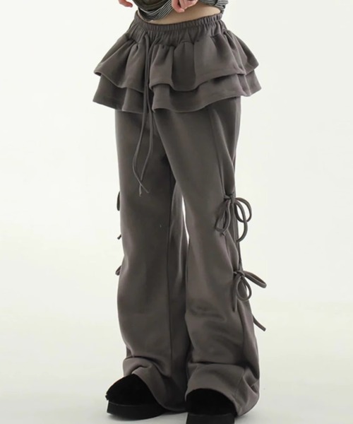 lilful（リルフル）の「サイドリボン ウエストフリル フェイクレイヤード ワイドスウェットパンツ（スウェットパンツ・レディース・グレー/アイボリー/ブラック/ブラウン/チャコール・F）」の16枚目の写真
