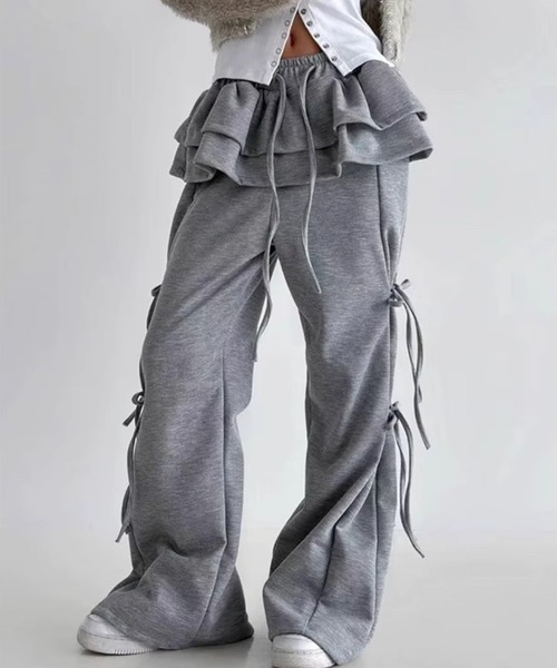 lilful（リルフル）の「サイドリボン ウエストフリル フェイクレイヤード ワイドスウェットパンツ（スウェットパンツ・レディース・グレー/アイボリー/ブラック/ブラウン/チャコール・F）」の18枚目の写真