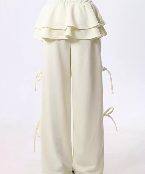 lilful（リルフル）の「サイドリボン ウエストフリル フェイクレイヤード ワイドスウェットパンツ（スウェットパンツ・レディース・グレー/アイボリー/ブラック/ブラウン/チャコール・F）」の8枚目の写真