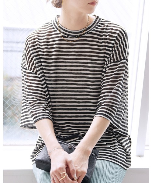 reca(レカ)の「シアーボーダーTシャツ(Tシャツ/カットソー・レディース・ブラック/グレー・M)」の2枚目の写真