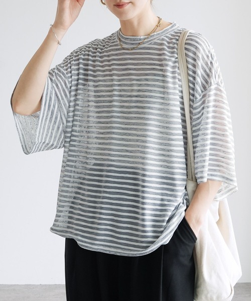 reca(レカ)の「シアーボーダーTシャツ(Tシャツ/カットソー・レディース・ブラック/グレー・M)」の5枚目の写真