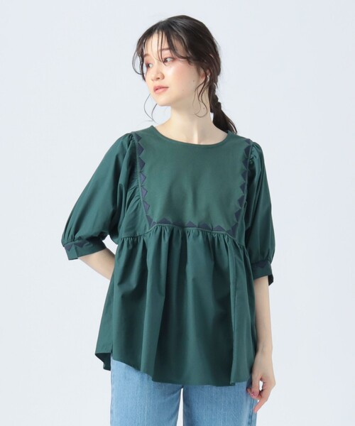 BEAMS HEART(ビームスハート)の「ギザ刺繍 異素材 Tシャツ(Tシャツ/カットソー・レディース・グリーン/ブラック/ホワイト系その他5・FREE)」の1枚目の写真