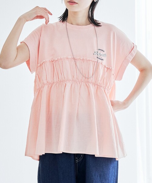 coen（コーエン）の「布帛ドッキングコットンロゴプリントT（Tシャツ/カットソー・レディース・その他1/シャーベット/オフホワイト/ダークグレー・L/M）」の4枚目の写真