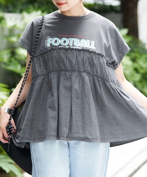 セール】布帛ドッキングコットンロゴプリントT（Tシャツ