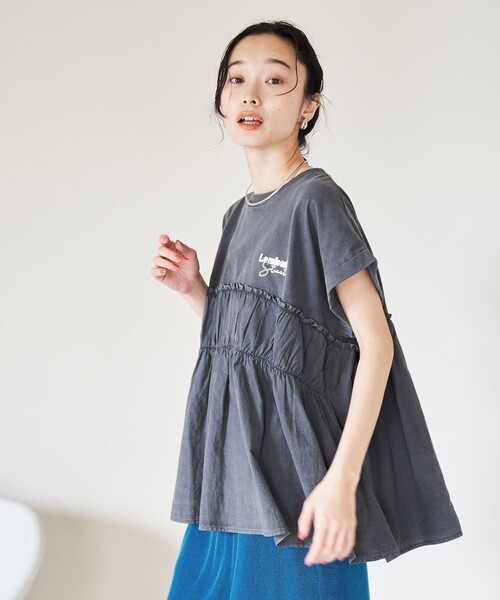 coen（コーエン）の「布帛ドッキングコットンロゴプリントT（Tシャツ/カットソー・レディース・その他1/シャーベット/オフホワイト/ダークグレー・L/M）」の9枚目の写真