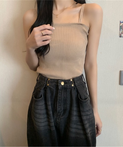 Teem Store(チームストア)の「ダブルストラップニットリブキャミソール(キャミソール・レディース・ブラック/ベージュ/ホワイト/ピンク/ブルー・F)」の3枚目の写真
