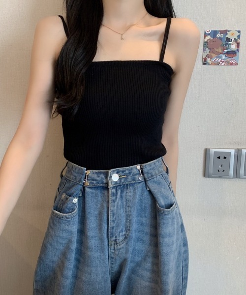 Teem Store(チームストア)の「ダブルストラップニットリブキャミソール(キャミソール・レディース・ブラック/ベージュ/ホワイト/ピンク/ブルー・F)」の2枚目の写真