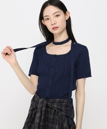 3.3 Field Trip／マフラー付きニット半袖カーディガン