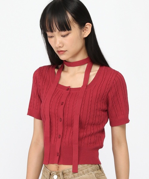 3.3 Field Trip （3.3フィールドトリップ）の「3.3 Field Trip／マフラー付きニット半袖カーディガン（Tシャツ/カットソー・レディース・ブルー/ネイビー/イエロー/レッド/ブラック・FREE）」の5枚目の写真