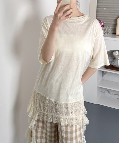 tシャツ 裾切替レースフリルレイヤード半袖Ｔシャツ レディース Tシャツ 裾レース切替 カットソー 夏服 レディース レースフリル