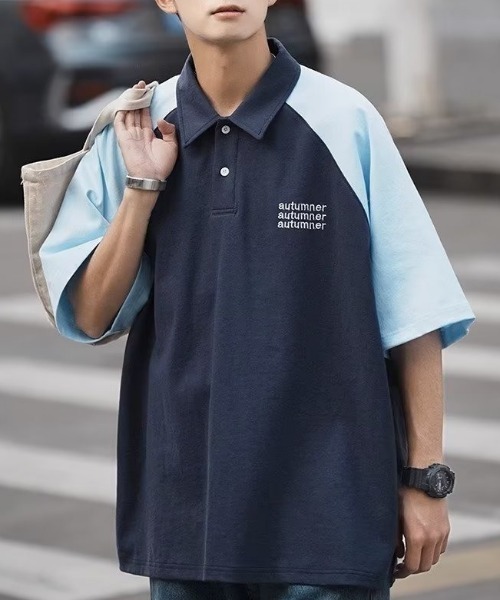 MGV(エムジーヴィー)の「バイカラーラグランポロシャツ(ポロシャツ・メンズ・ベージュ/グレー/ネイビー・MEDIUM/LARGE/X-LARGE)」の1枚目の写真