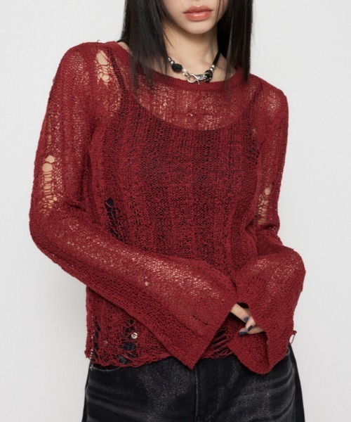 LAGUA GEM(ラグアジェム)の「SIDE SLIT CRASH トップス(ニット/セーター・レディース・レッド/チャコールグレー/ベージュ・FREE)」の1枚目の写真