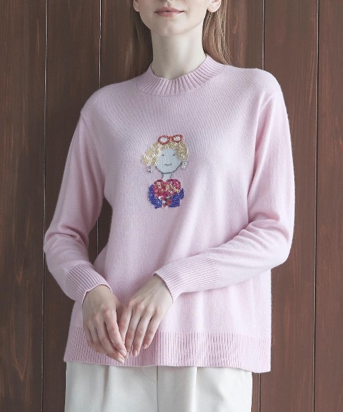 STUDIO PICONE(スタジオピッコーネ)の「カシミヤ100%ビーズ刺繍ニット(ニット/セーター・レディース・ホワイト/ライトグリーン/ピンク/ブラック・L/M)」の1枚目の写真