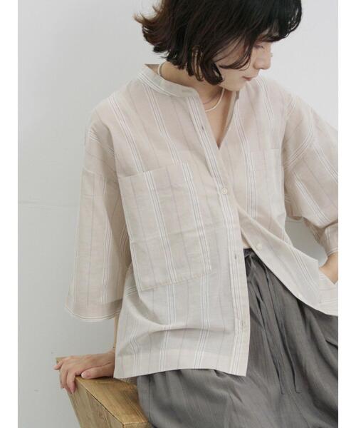 Samansa Mos2 blue(サマンサモスモスブルー)の「◎シアーストライプシャツ(シャツ/ブラウス・レディース・オフホワイト/ブラウン/ベージュ・F)」の4枚目の写真