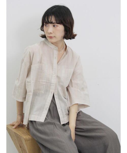 Samansa Mos2 blue(サマンサモスモスブルー)の「◎シアーストライプシャツ(シャツ/ブラウス・レディース・オフホワイト/ブラウン/ベージュ・F)」の5枚目の写真