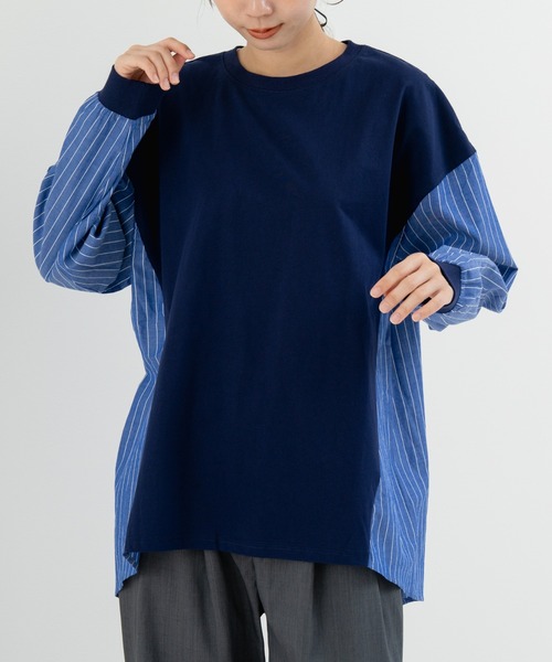 45R WOOL MIXチュニック 青 異素材 refinedworks】異素材で魅せる！ストライプ切替チュニック（T