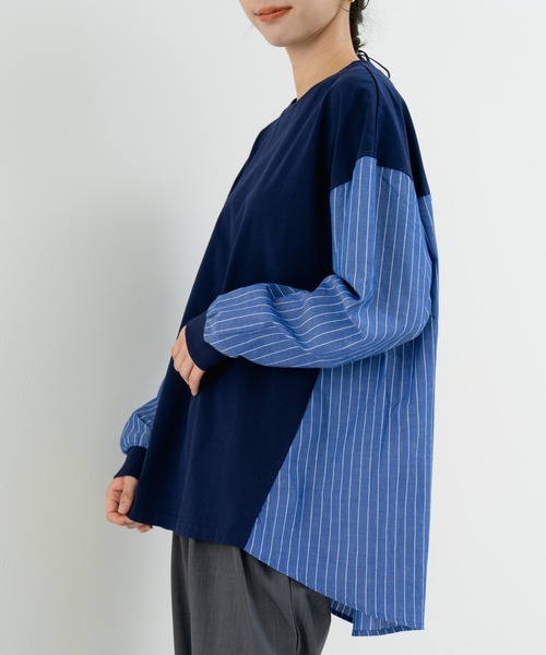 refinedworks】異素材で魅せる！ストライプ切替チュニック（T