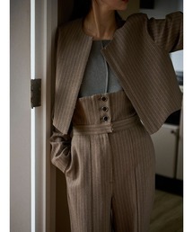 CIS.（シス）の「CIS． ノーカラーブルゾン ウォッシャブル ストレッチ ポリエステルツイル ストライプ（ブルゾン）」