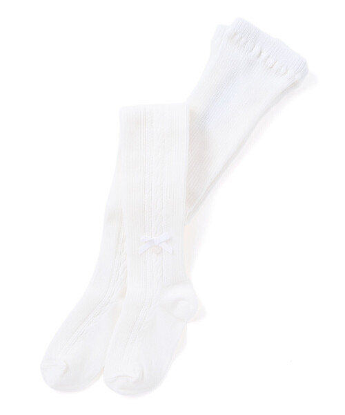 Tartine et Chocolat(タルティーヌエショコラ)の「【日本製】【お揃い】リボンロゴチャーム付きタイツ(80~140cm)(タイツ/ストッキング・キッズ・ネイビー/グレー/オフホワイト・M/L)」の1枚目の写真