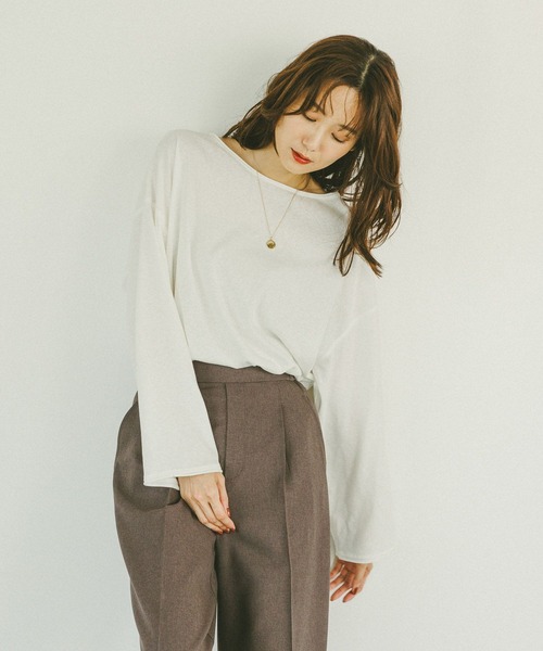 GLOBAL WORK（グローバルワーク）の「スラブボートネックルーズTシャツ/589058（Tシャツ/カットソー・レディース・ブラウン/オフホワイト/スミクロ・MEDIUM/LARGE）」の8枚目の写真