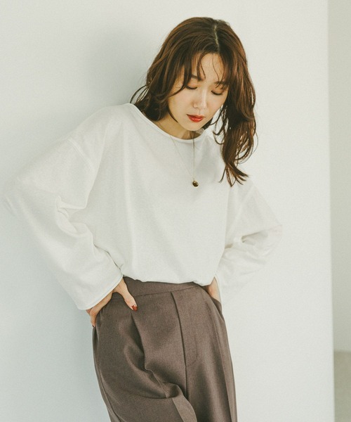 GLOBAL WORK（グローバルワーク）の「スラブボートネックルーズTシャツ/589058（Tシャツ/カットソー・レディース・ブラウン/オフホワイト/スミクロ・MEDIUM/LARGE）」の10枚目の写真