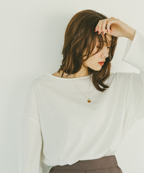 GLOBAL WORK（グローバルワーク）の「スラブボートネックルーズTシャツ/589058（Tシャツ/カットソー・レディース・ブラウン/オフホワイト/スミクロ・MEDIUM/LARGE）」の11枚目の写真