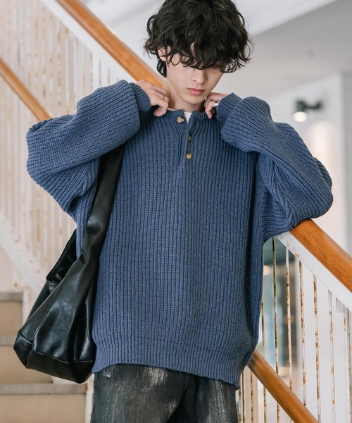 セール】新色追加 オーバーサイズ畦編みヘンリーネックニットセーター