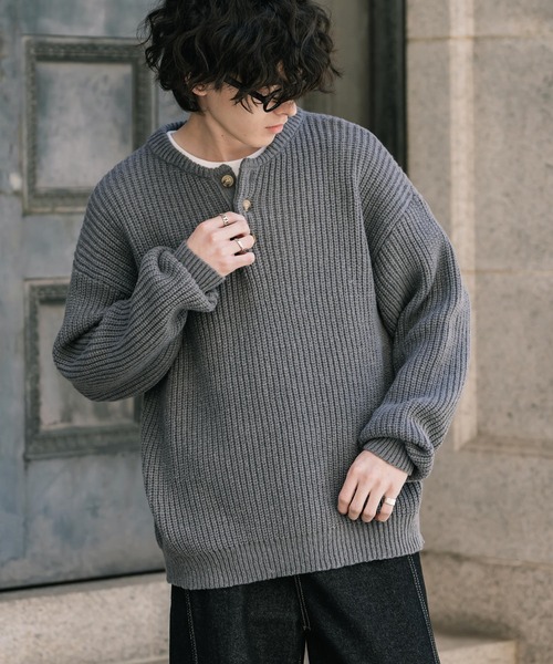 希少　イギリス　アンティーク　オーク材　シンプル　ハーフムーン　ろくろ　IG セール】新色追加 オーバーサイズ畦編みヘンリーネックニットセーター