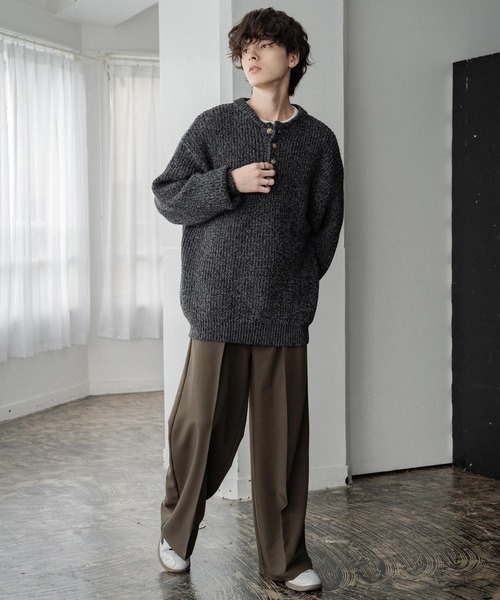 セール】新色追加 オーバーサイズ畦編みヘンリーネックニットセーター