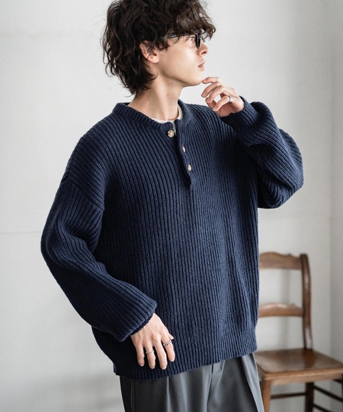 新色追加 オーバーサイズ畦編みヘンリーネックニットセーター（ニット