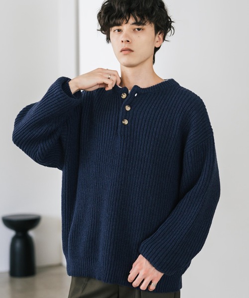 新色追加 オーバーサイズ畦編みヘンリーネックニットセーター（ニット