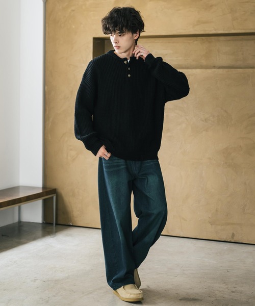 セール】新色追加 オーバーサイズ畦編みヘンリーネックニットセーター