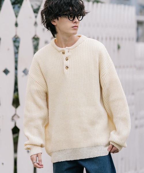 新色追加 オーバーサイズ畦編みヘンリーネックニットセーター（ニット