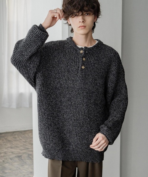 新色追加 オーバーサイズ畦編みヘンリーネックニットセーター（ニット