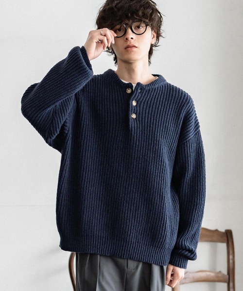 新色追加 オーバーサイズ畦編みヘンリーネックニットセーター（ニット