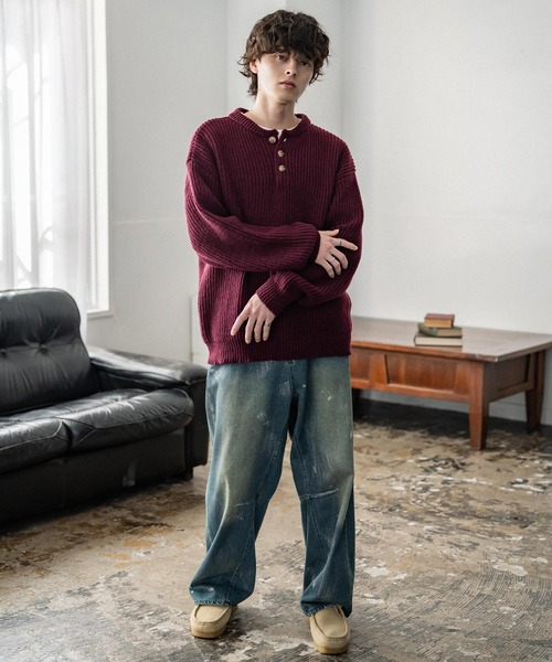 Rocky Monroe（ロッキーモンロー）の「新色追加 オーバーサイズ畦編みヘンリーネックニットセーター（ニット/セーター・メンズ・ブラウン/チャコール/ベージュ/ブラック/オフホワイト/グレー/ブルー/ブラック系/ネイビー/ワイン/マスタード・M/XL/L）」の20枚目の写真