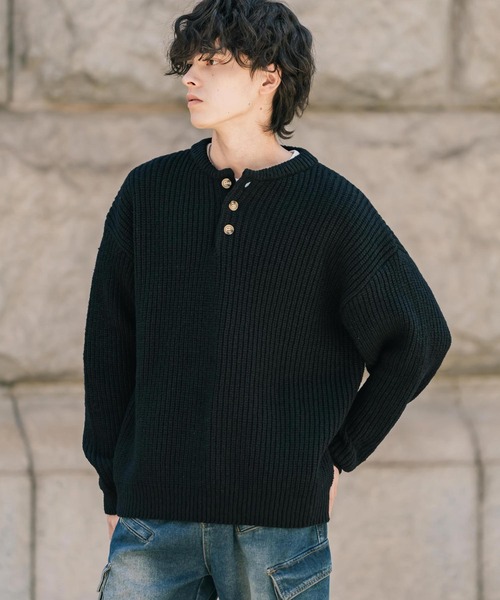 新色追加 オーバーサイズ畦編みヘンリーネックニットセーター（ニット